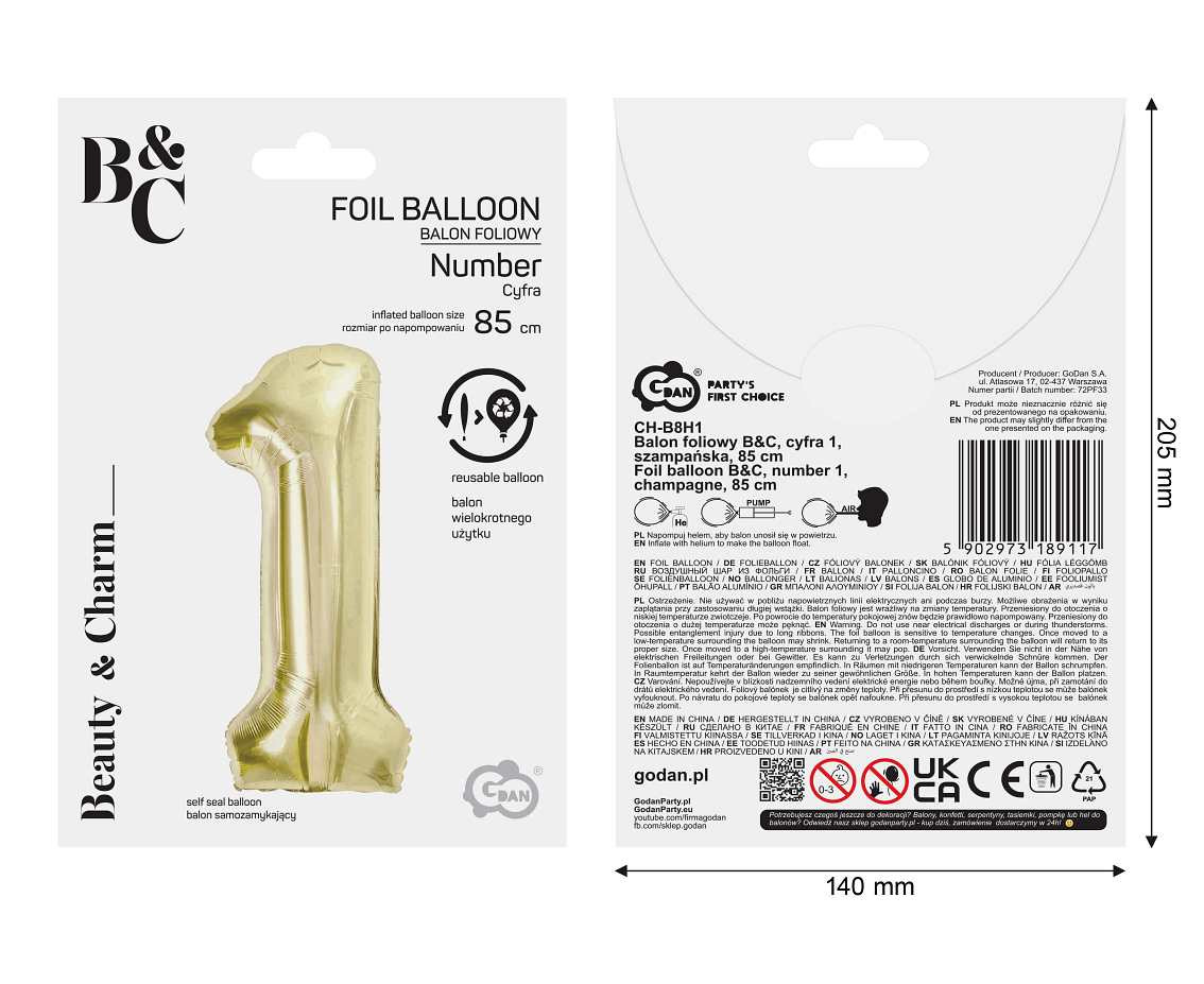 Foil balloon B&C, number 1, champagne, 85 cm